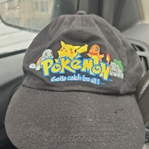 Mens Black Baseball Cap with Pikachu, Charmander, Bulbasaur & Squirtle